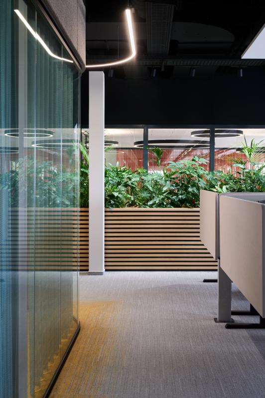 Arbeitswelt im Bürogebäude der Homag Group in Holzbronn mit begrünten Zonen und transparenten Raumabschlüssen als Teil eines gemeinsam entwickelten Farb- und Materialkonzepts mit Bezug zur Umgebung, geplant von arc+ Architekten